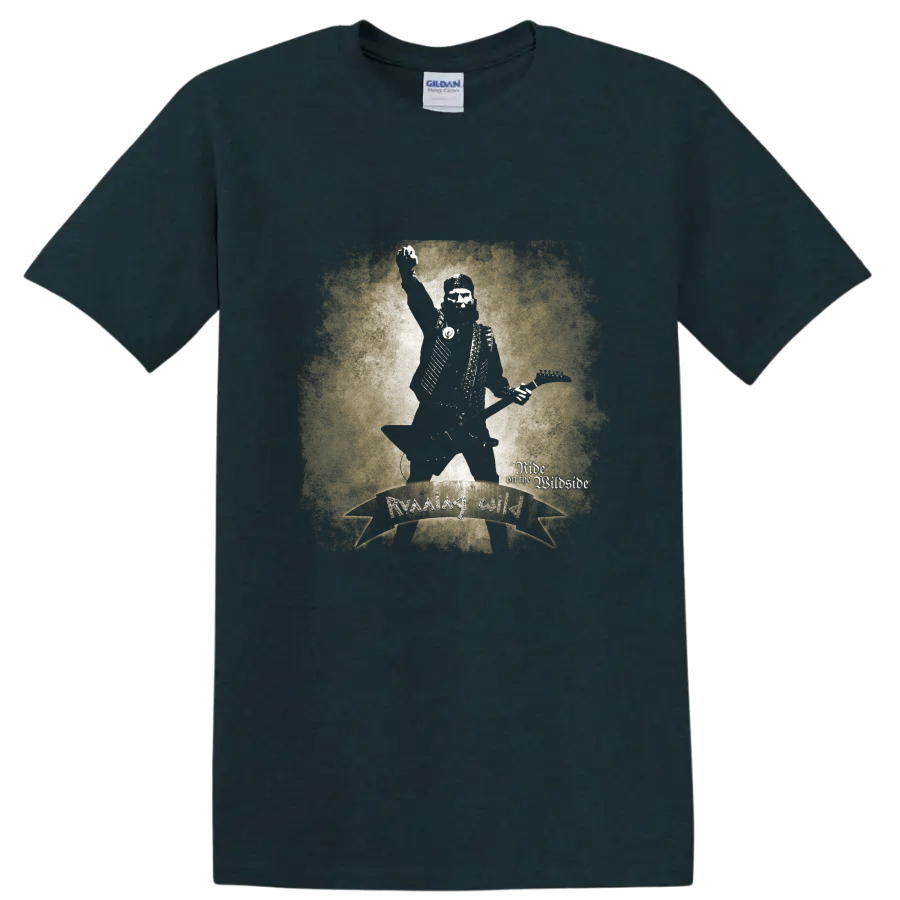 Running Wild distressed skeleton guitarist with Ride on the Wildside lettering on a Midnight (Green) T Shirt