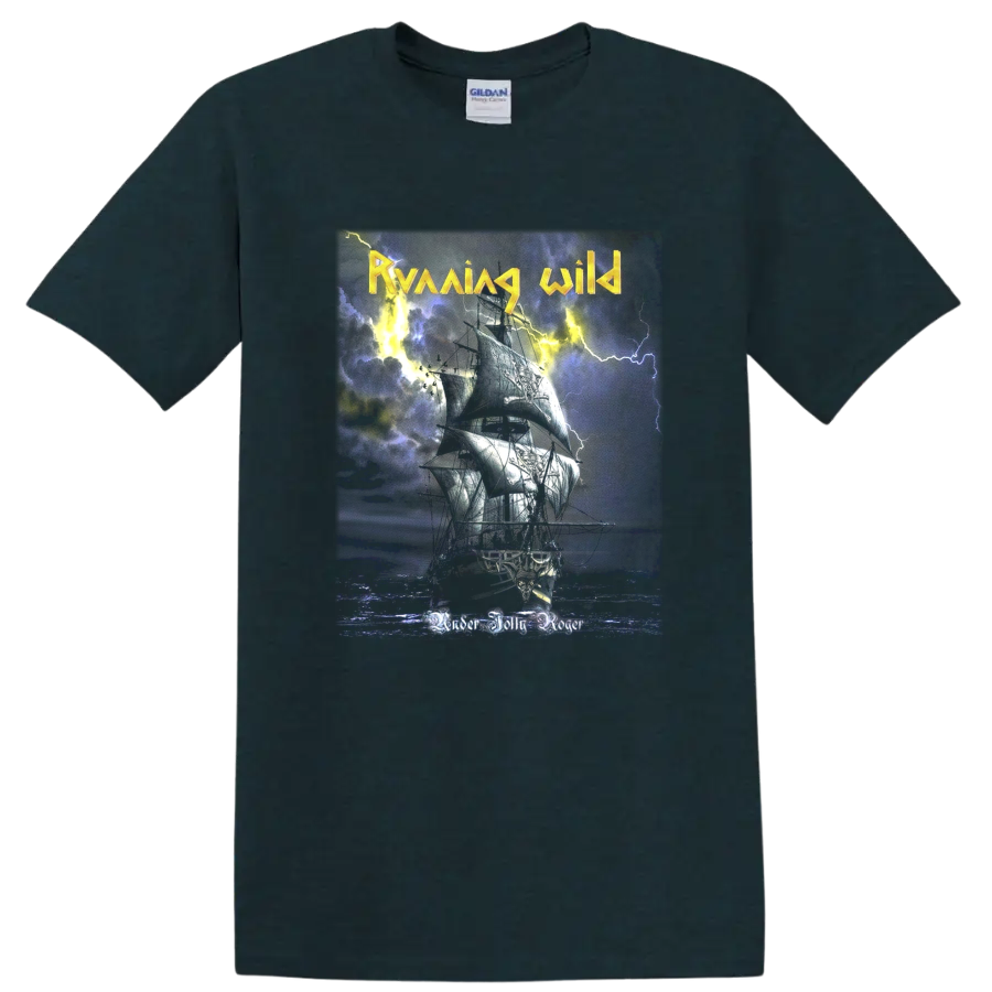 Running Wild Riding the Storm artwork with rider, horse, lightning, and distressed texture on a Midnight (Green) T Shirt