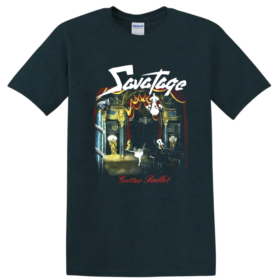 Savatage Gutter Ballet theatrical stage art with red curtains and ornate gold details on a Midnight (Green) T Shirt