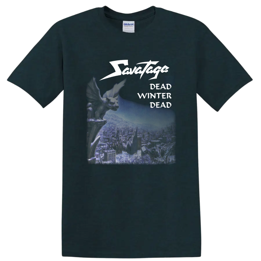 Savatage Dead Winter Dead winged creature and wintry city metal graphic on a Midnight (Green) T Shirt