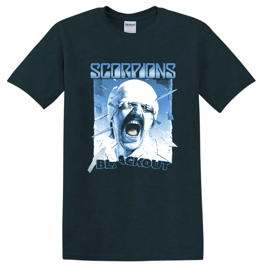 Scorpions Blackout screaming face with shattered glass in icy blue on a Midnight (Green) T Shirt