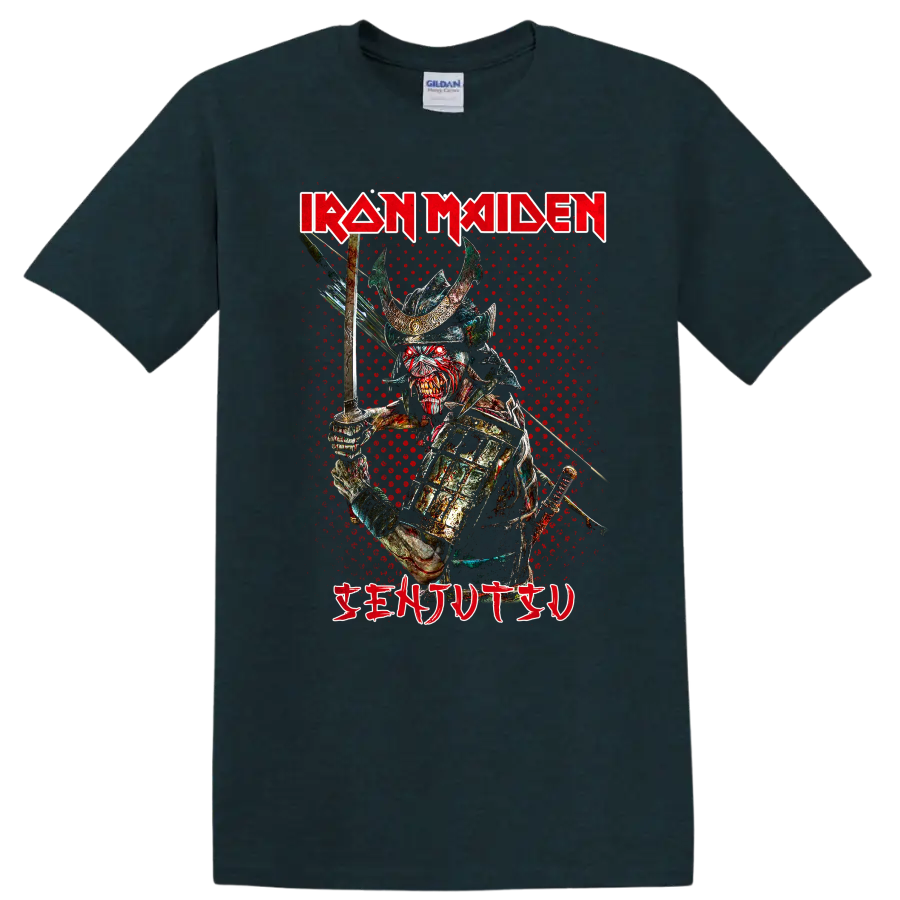 Iron Maiden Senjutsu Samurai Eddie sword warrior in distressed heavy metal horror art on a Midnight (Green) T Shirt