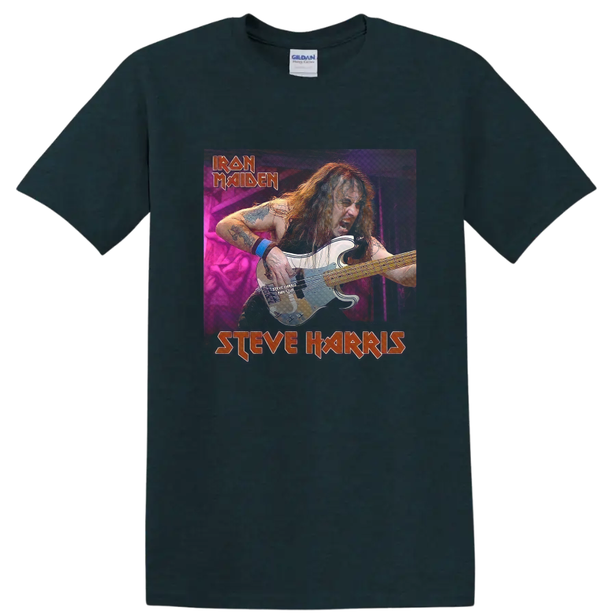 Steve Harris playing bass in a neon Iron Maiden Running Free Live-inspired graphic on a Midnight (Green) T Shirt