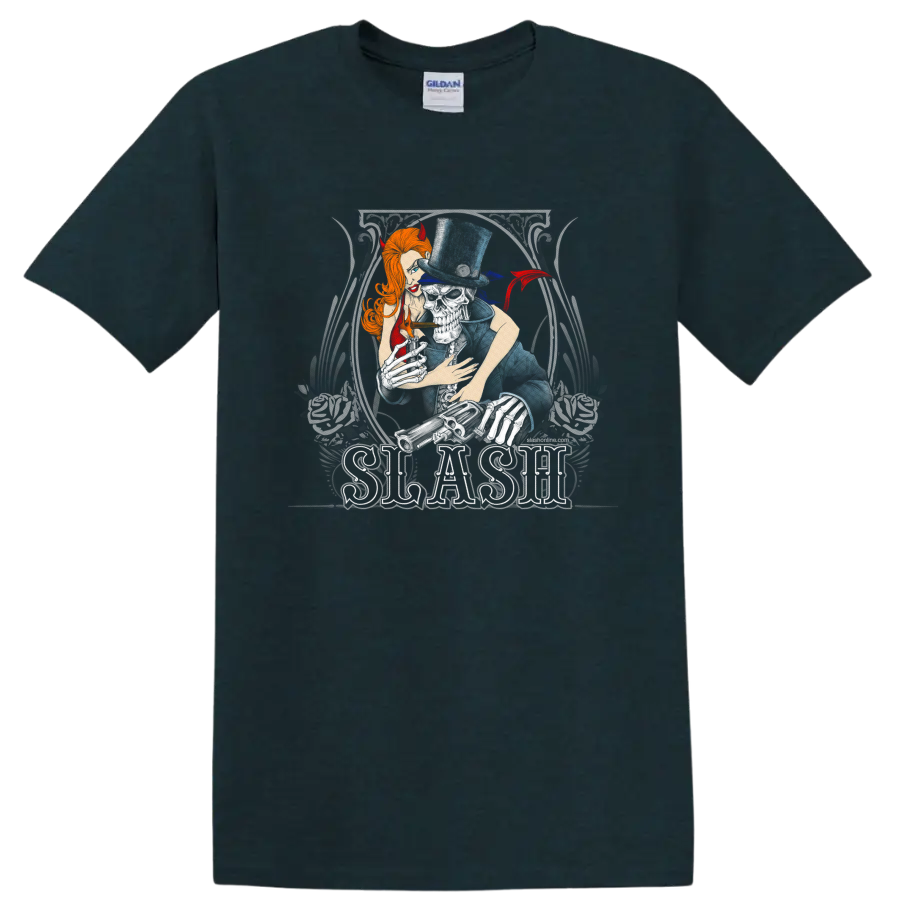 Slash guitarist portrait in top hat with devil horns and distressed rock poster style on a Midnight (Green) T Shirt