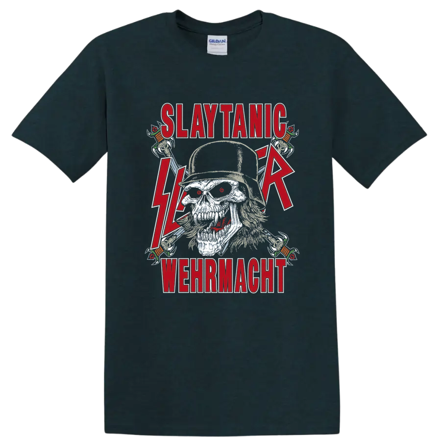 Slayer Slaytanic Wehrmacht skull graphic with red lettering and lightning bolts on a Midnight (Green) T Shirt