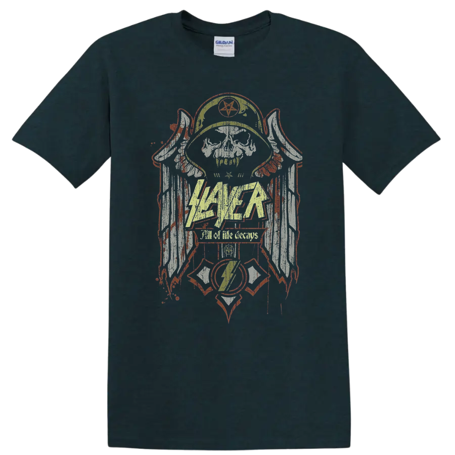 Slayer All Life Decays emblem with distressed skull and pentagram metal artwork on a Midnight (Green) T Shirt