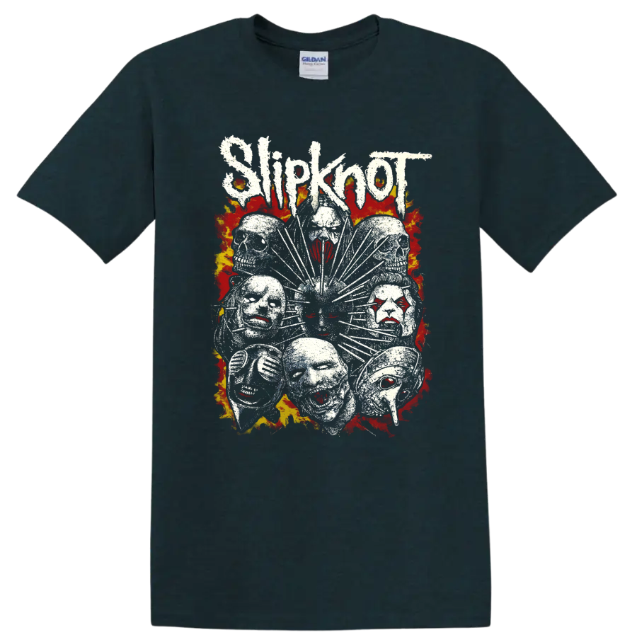 Distressed Slipknot mask cluster with jagged lettering and fiery flame artwork on a Midnight (Green) T Shirt