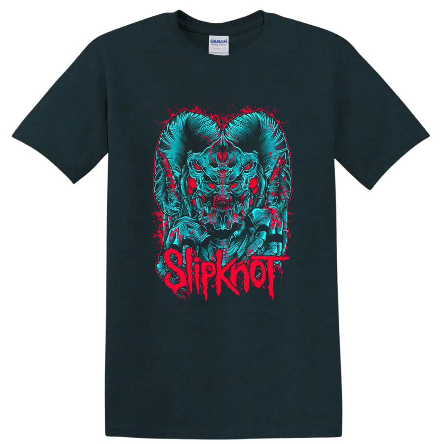 Slipknot horned skull mask in cyan and red distressed splatter art on a Midnight (Green) T Shirt