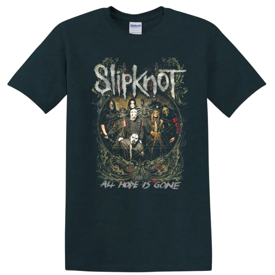 Slipknot masked band pentagram artwork with fiery distressed ornamental details on a Midnight (Green) T Shirt