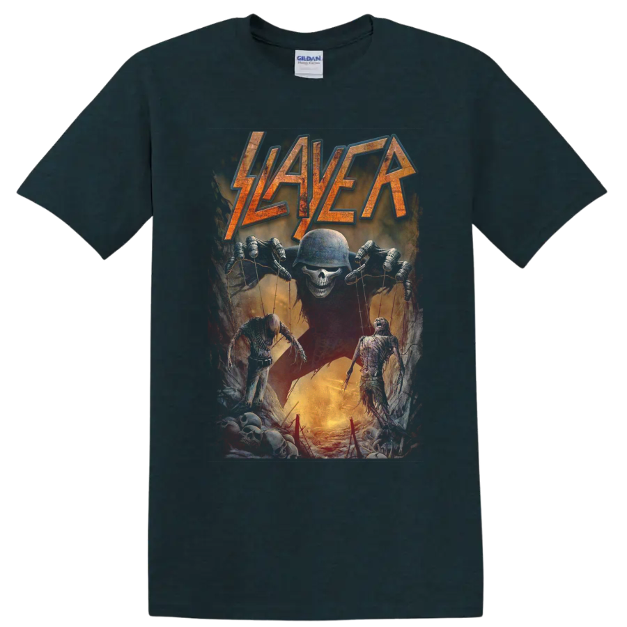 Distressed Slayer logo above a skull puppet master with skeletal horror figures on a Midnight (Green) T Shirt