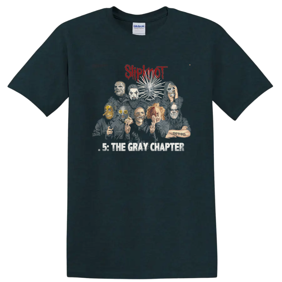 Slipknot .5 The Gray Chapter mask collage with distressed red logo on a Midnight (Green) T Shirt