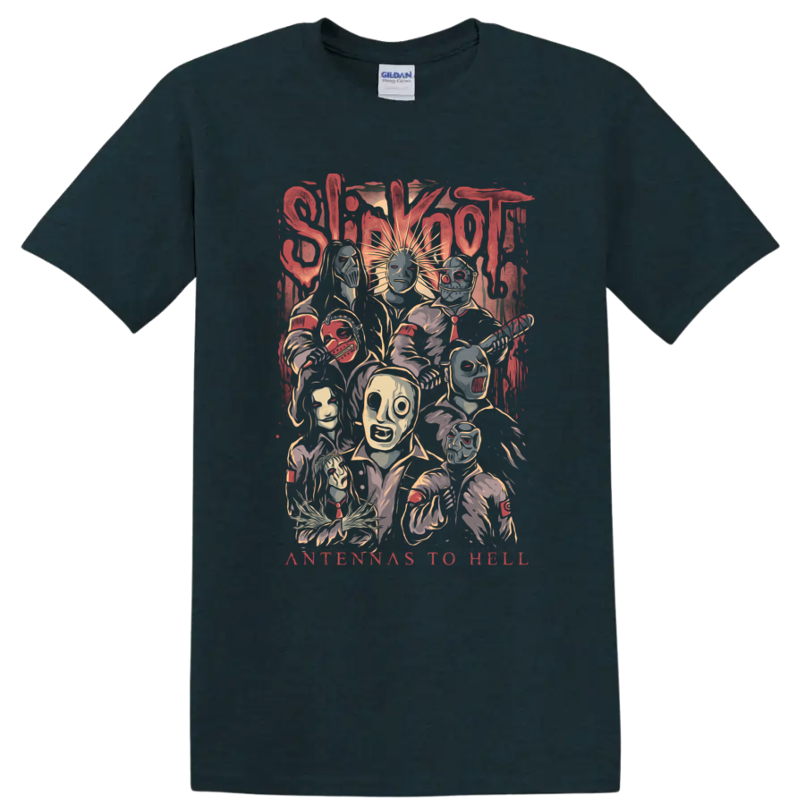 Slipknot Antennas to Hell masked band portrait collage in distressed horror style on a Midnight (Green) T Shirt