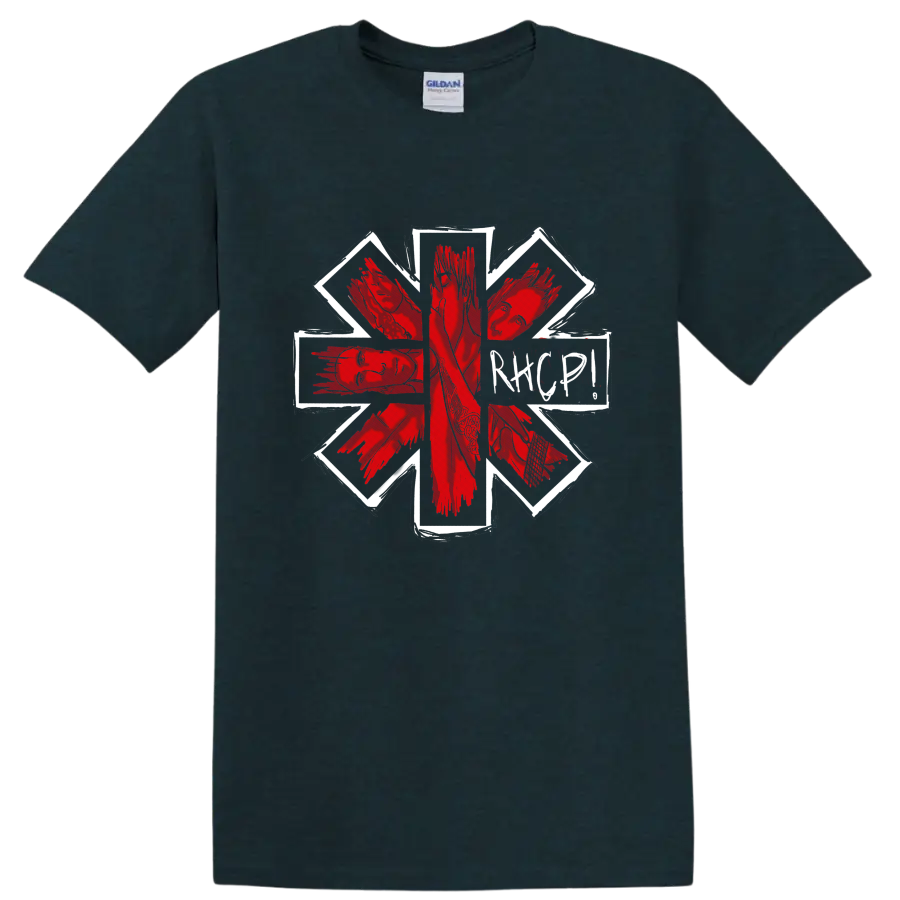 Lovejoy Second To One red hand collage with white geometric frame on a Midnight (Green) T Shirt