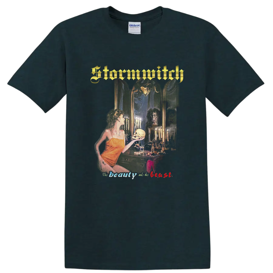 Stormwitch gothic fantasy artwork with woman, skull, candles, and ornate gold logo on a Midnight (Green) T Shirt