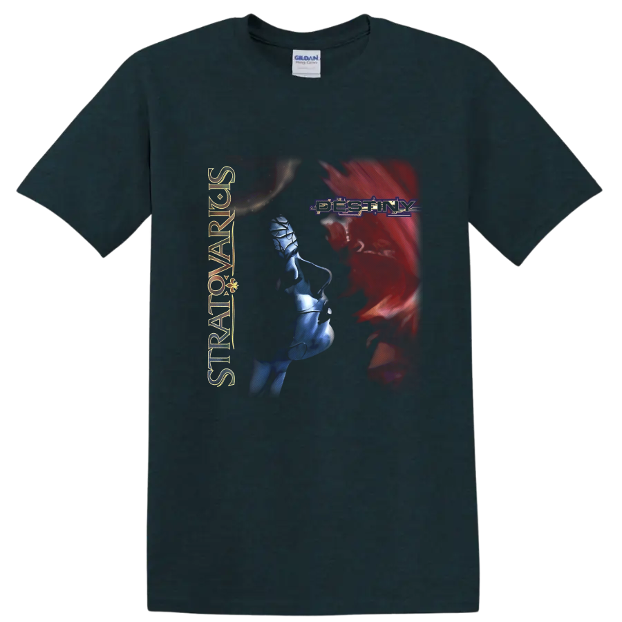 Stratovarius Destiny logo with red portrait silhouette and blue fantasy figure artwork on a Midnight (Green) T Shirt