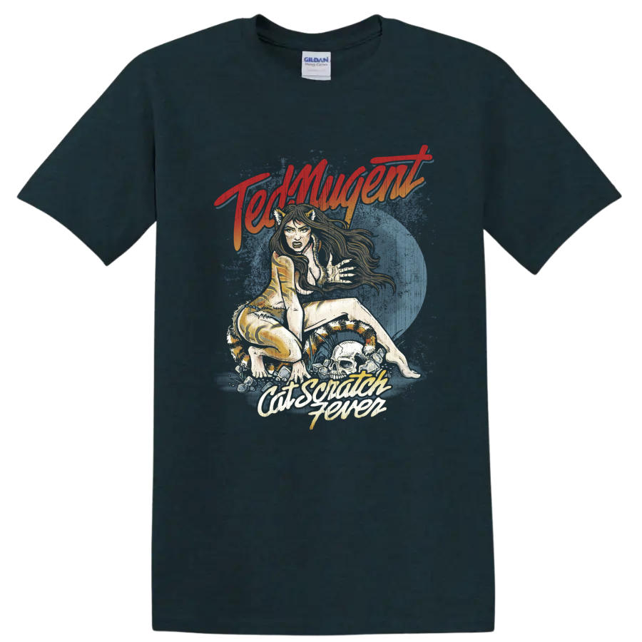 Ted Nugent Cat Scratch Fever retro illustration with wild cat and blue moon on a Midnight (Green) T Shirt
