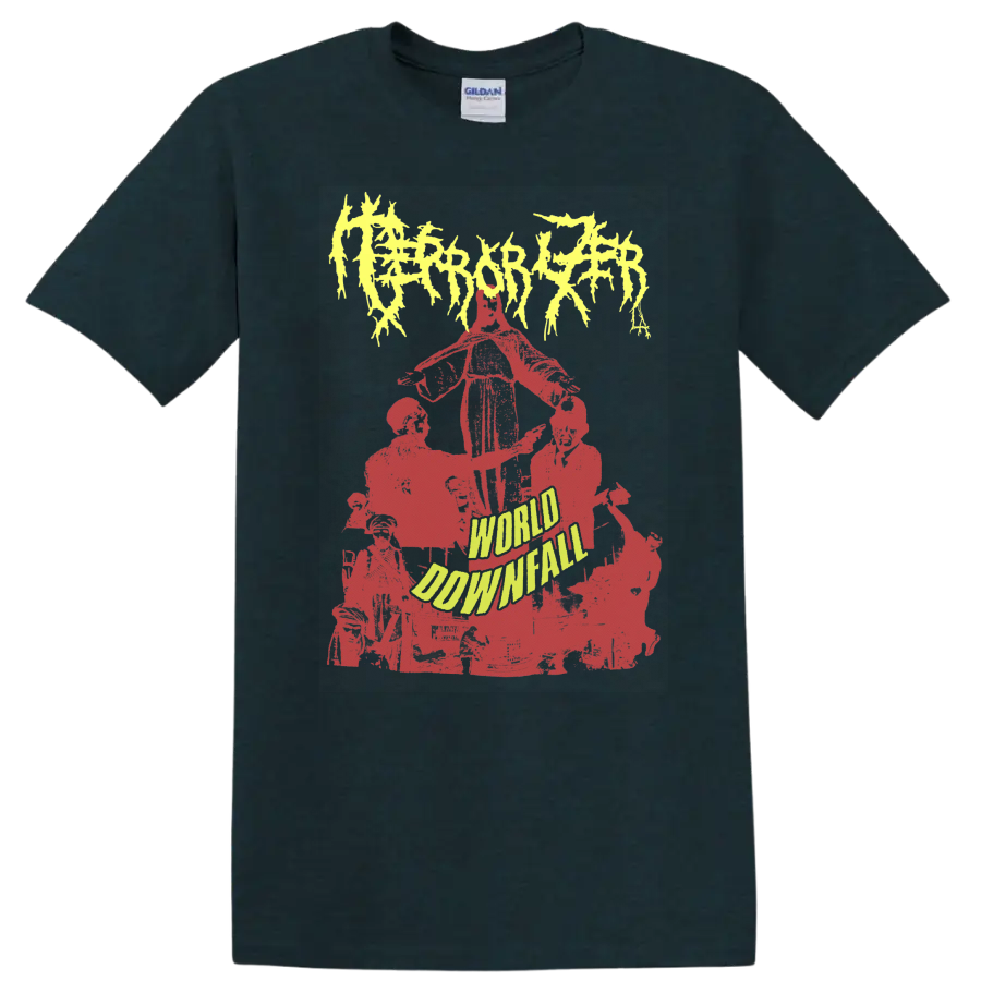 Terrorizer World Downfall distressed red collage with jagged yellow logo on a Midnight (Green) T Shirt