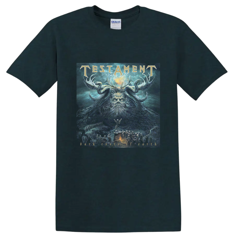 Testament Dark Roots of Earth horned figure artwork with gold band lettering on a Midnight (Green) T Shirt