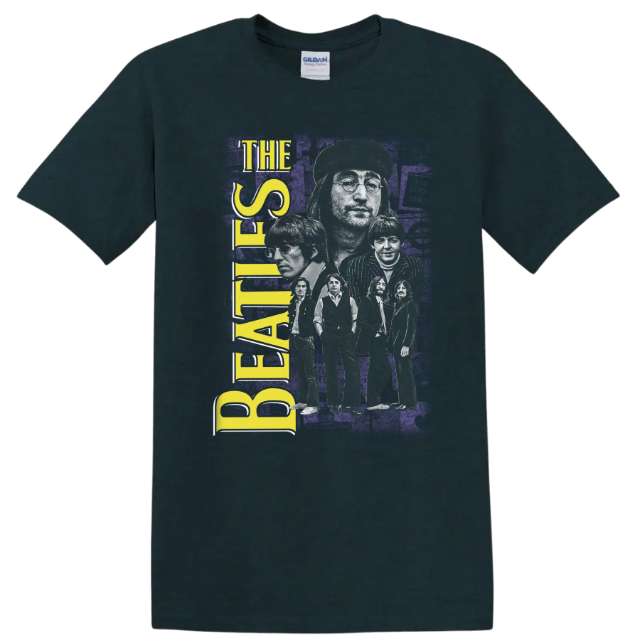 The Beatles white band silhouette with yellow lettering on distressed purple rock art on a Midnight (Green) T Shirt