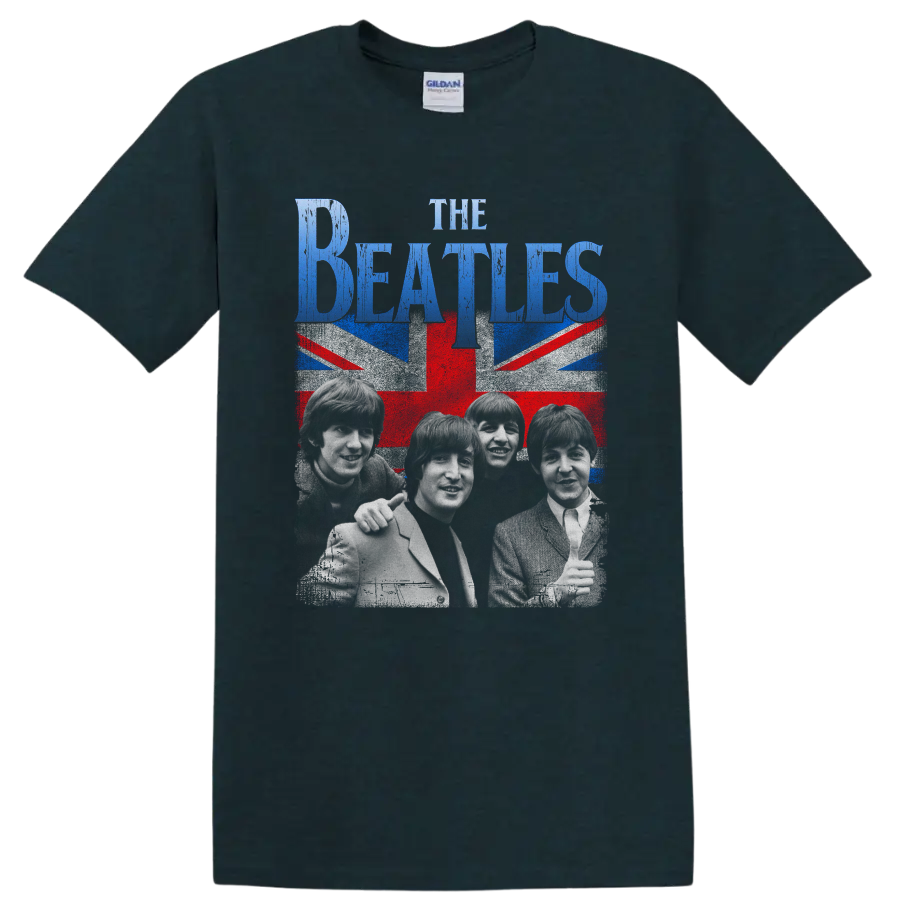 The Beatles portrait with distressed Union Jack and blue band lettering on a Midnight (Green) T Shirt
