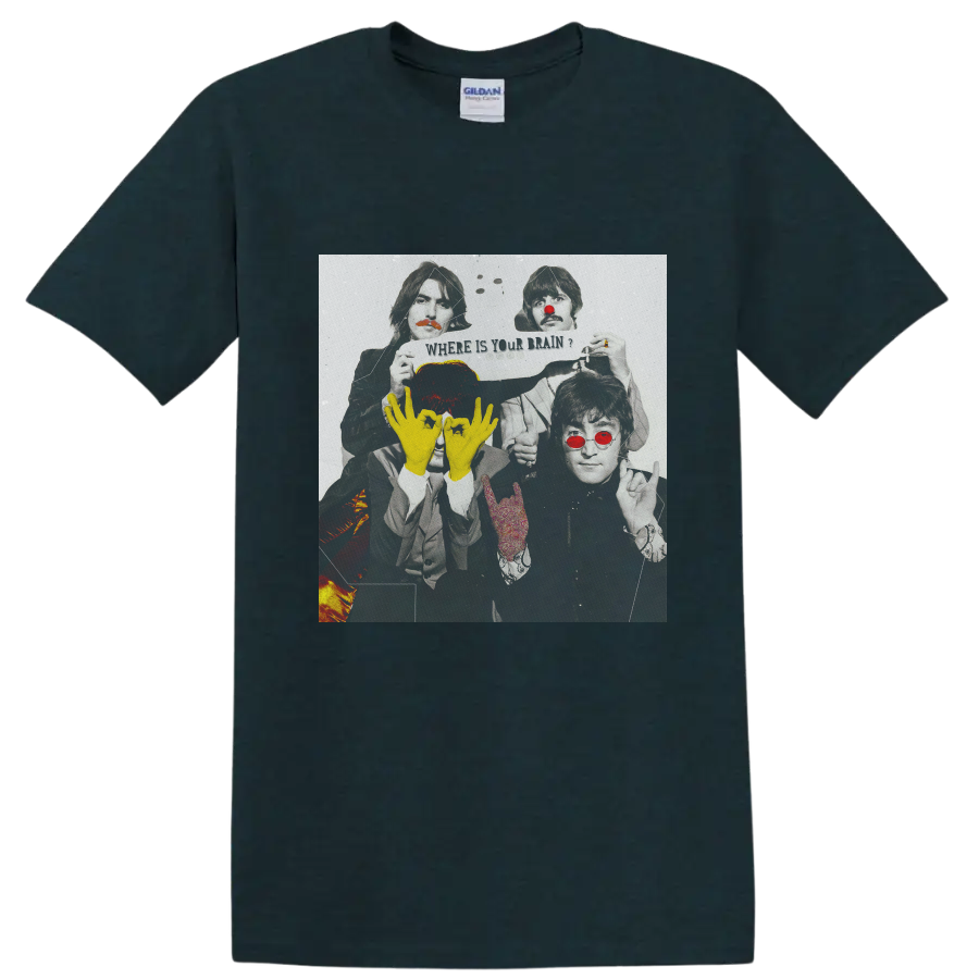 The Beatles Lennon and McCartney distressed pop art portrait with yellow hand symbols on a Midnight (Green) T Shirt
