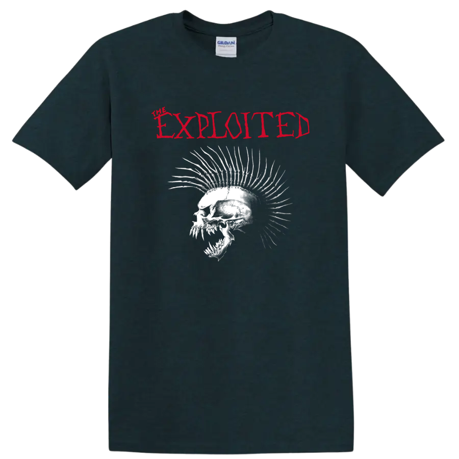 The Exploited red logo above distressed white skull with dramatic mohawk spikes on a Midnight (Green) T Shirt
