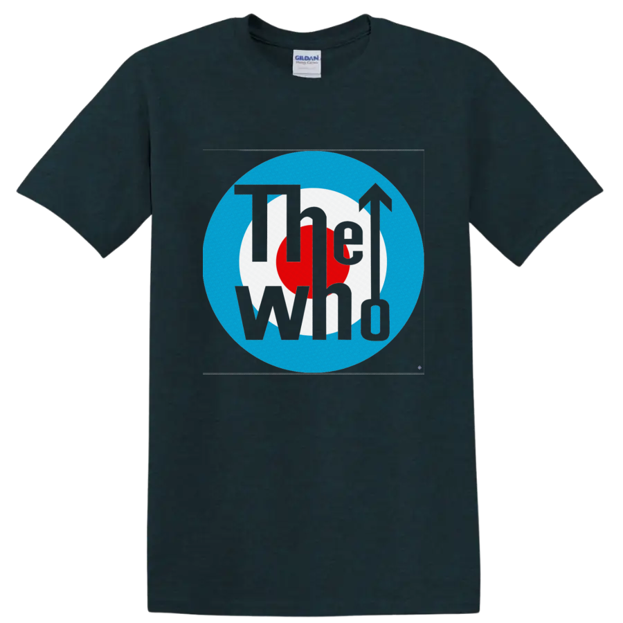 The Who black logo over red, white, and blue mod target emblem with arrow on a Midnight (Green) T Shirt