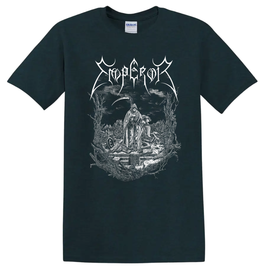 Mgła Age of Excuse hooded figure and graveyard gothic illustration on a Midnight (Green) T Shirt