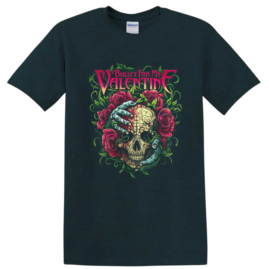 Bullet for My Valentine skull and roses neon rock metal graphic on a Midnight (Green) T Shirt