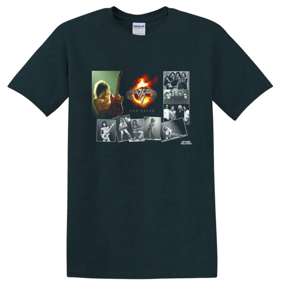 Van Halen fiery winged VH logo with guitar player in vintage rock graphic style on a Midnight (Green) T Shirt