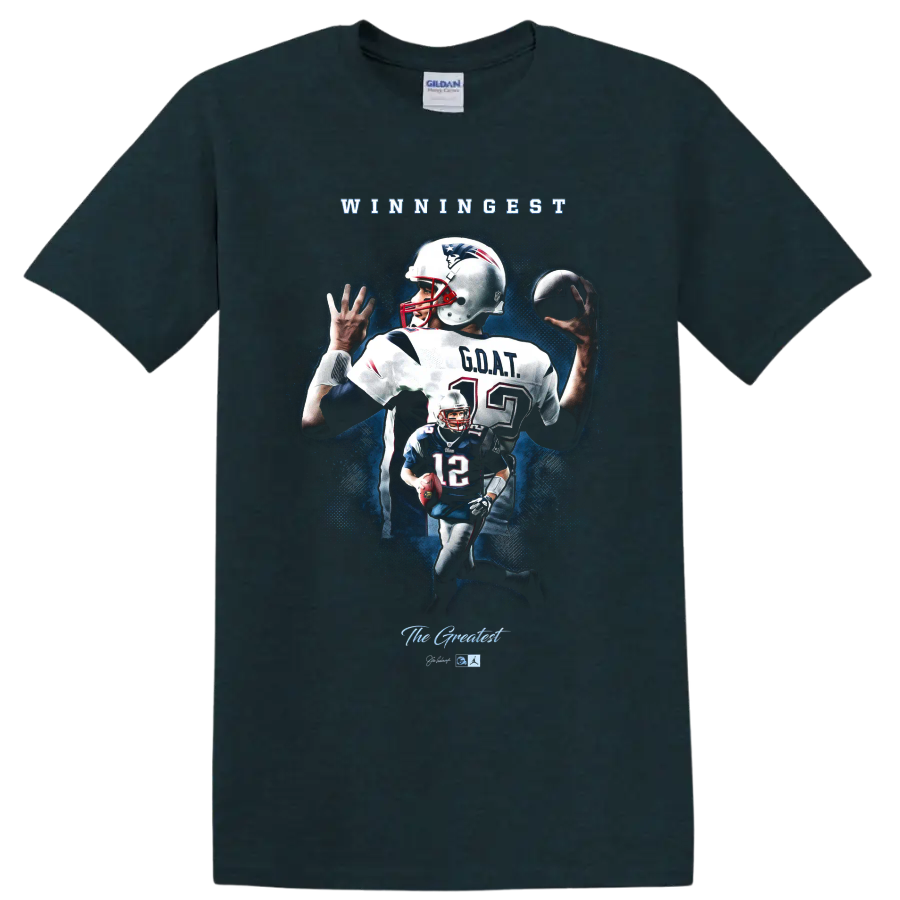 Tom Brady Patriots number 12 football collage with WINNINGEST and GOAT text on a Midnight (Green) T Shirt