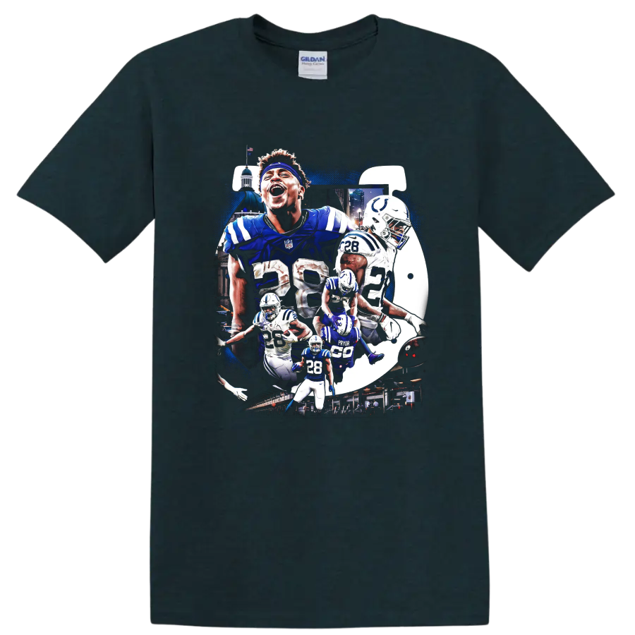 Jonathan Taylor Indianapolis Colts No. 28 football action collage with helmet art on a Midnight (Green) T Shirt