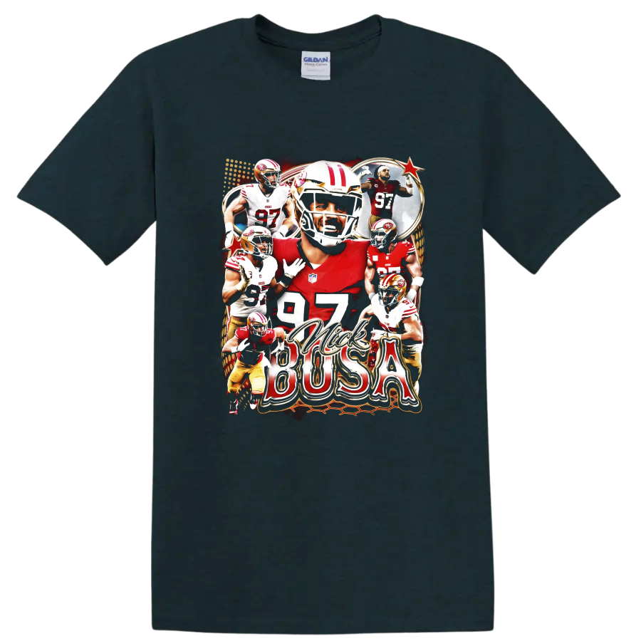 Jimmy Garoppolo San Francisco 49ers football collage with number 97 and red gold action on a Midnight (Green) T Shirt