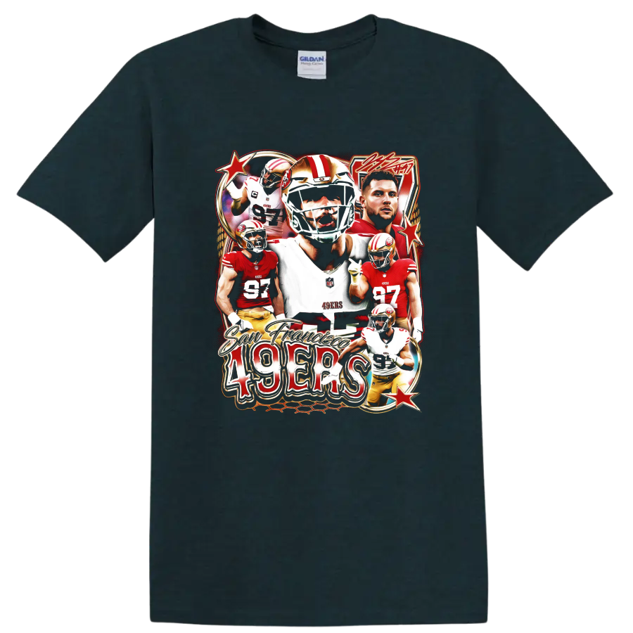 George Kittle, Christian McCaffrey and Nick Bosa 49ers football collage with 49ers text on a Midnight (Green) T Shirt