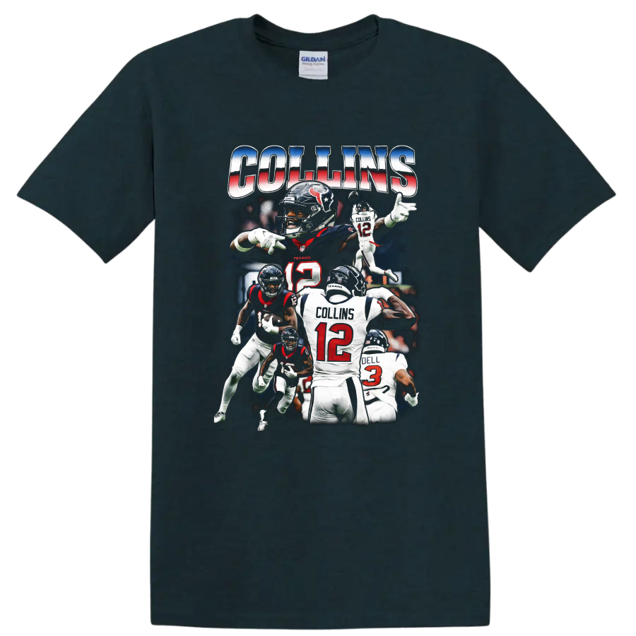 C.J. Stroud and Nico Collins Houston Texans football action collage with COLLINS text on a Midnight (Green) T Shirt