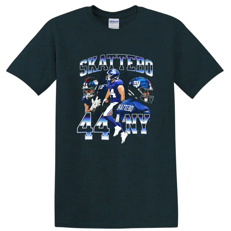 Cam Skattebo New York Giants 44 football player collage with SKATTEBO lettering on a Midnight (Green) T Shirt