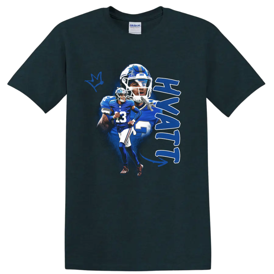 Jalin Hyatt New York Giants football action collage with number 13 and blue paint splashes on a Midnight (Green) T Shirt