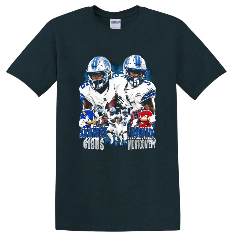 Jahmyr Gibbs and David Montgomery Detroit Lions football collage with blue action effects on a Midnight (Green) T Shirt