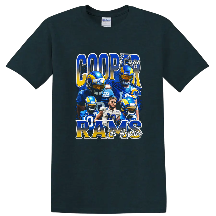 Cooper Kupp Rams football player collage with blue and gold metallic lettering on a Midnight (Green) T Shirt