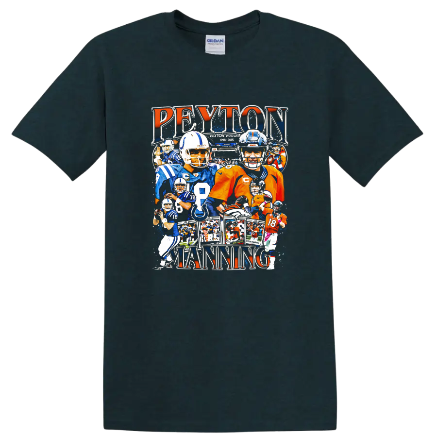 Peyton Manning Colts and Broncos football collage with bold Peyton Manning lettering on a Midnight (Green) T Shirt