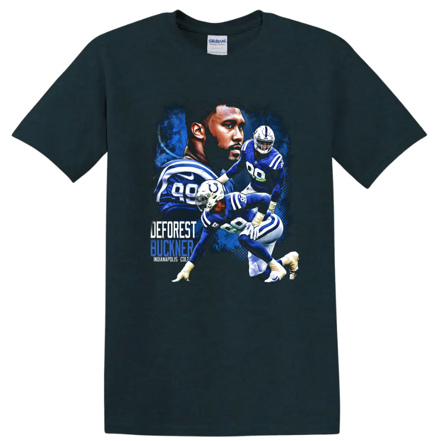 DeForest Buckner Indianapolis Colts defensive action collage with bold blue lettering on a Midnight (Green) T Shirt