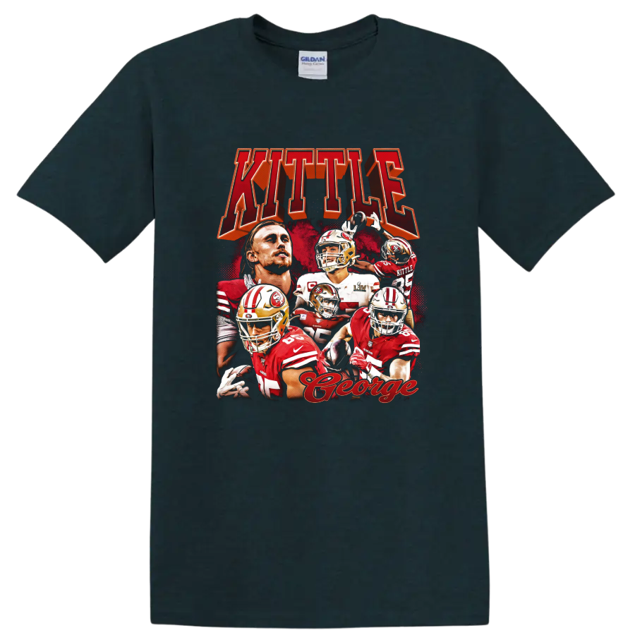George Kittle San Francisco 49ers red and gold football action collage with KITTLE text on a Midnight (Green) T Shirt