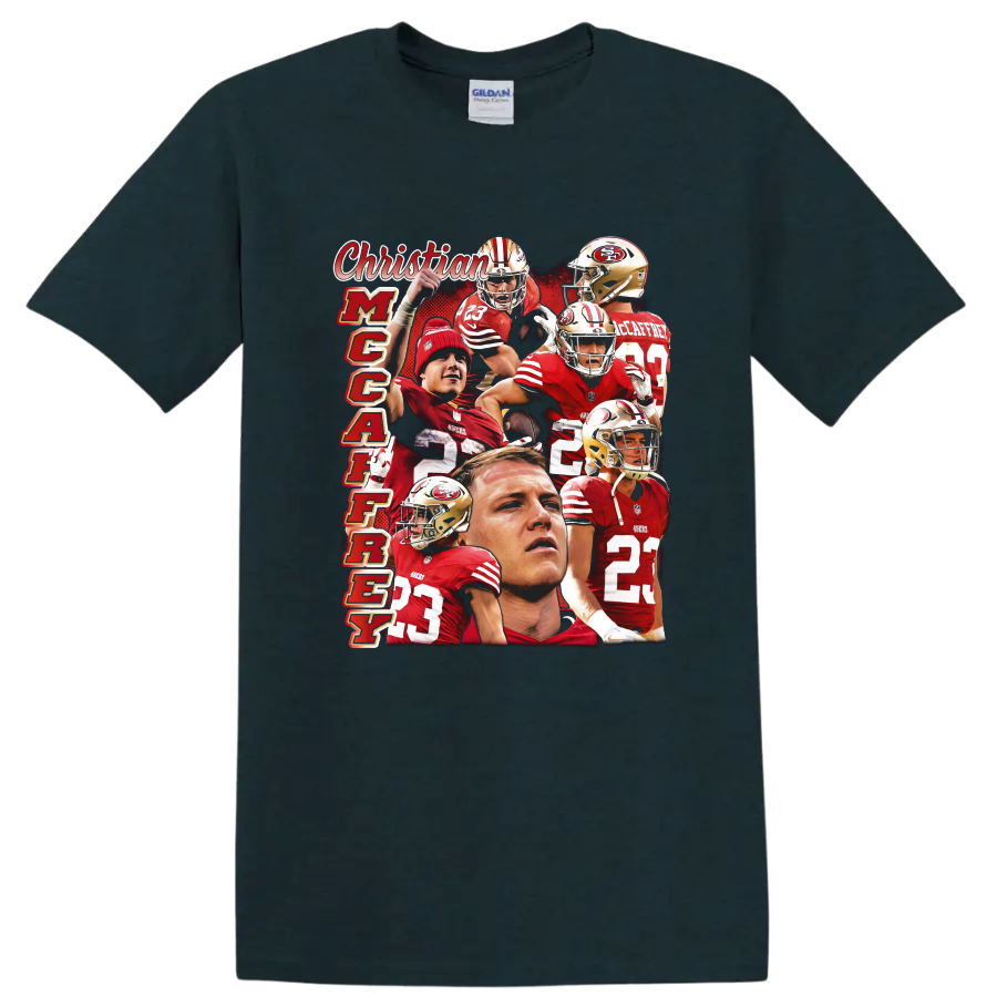 Christian McCaffrey 49ers number 23 action collage with vertical McCaffrey text on a Midnight (Green) T Shirt