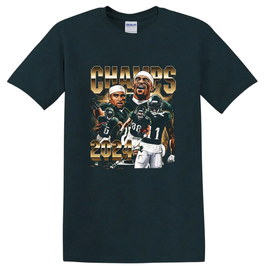 Jalen Hurts Philadelphia Eagles 2024 action portrait collage with CHAMPS lettering on a Midnight (Green) T Shirt