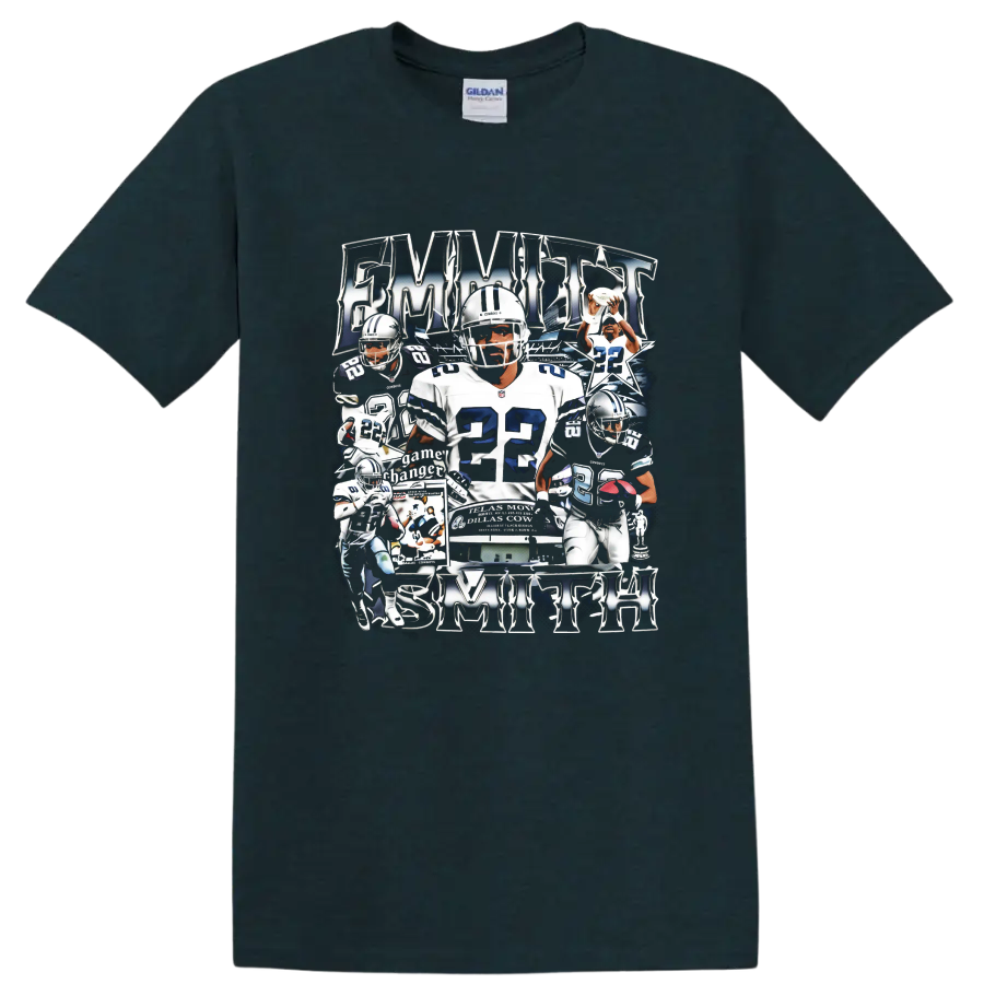 Emmitt Smith Dallas Cowboys number 22 football action collage with metallic lettering on a Midnight (Green) T Shirt