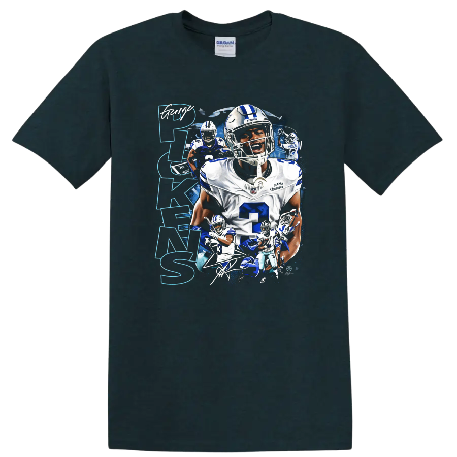 Dak Prescott Dallas Cowboys quarterback action collage with blue splatter and vertical on a Midnight (Green) T Shirt