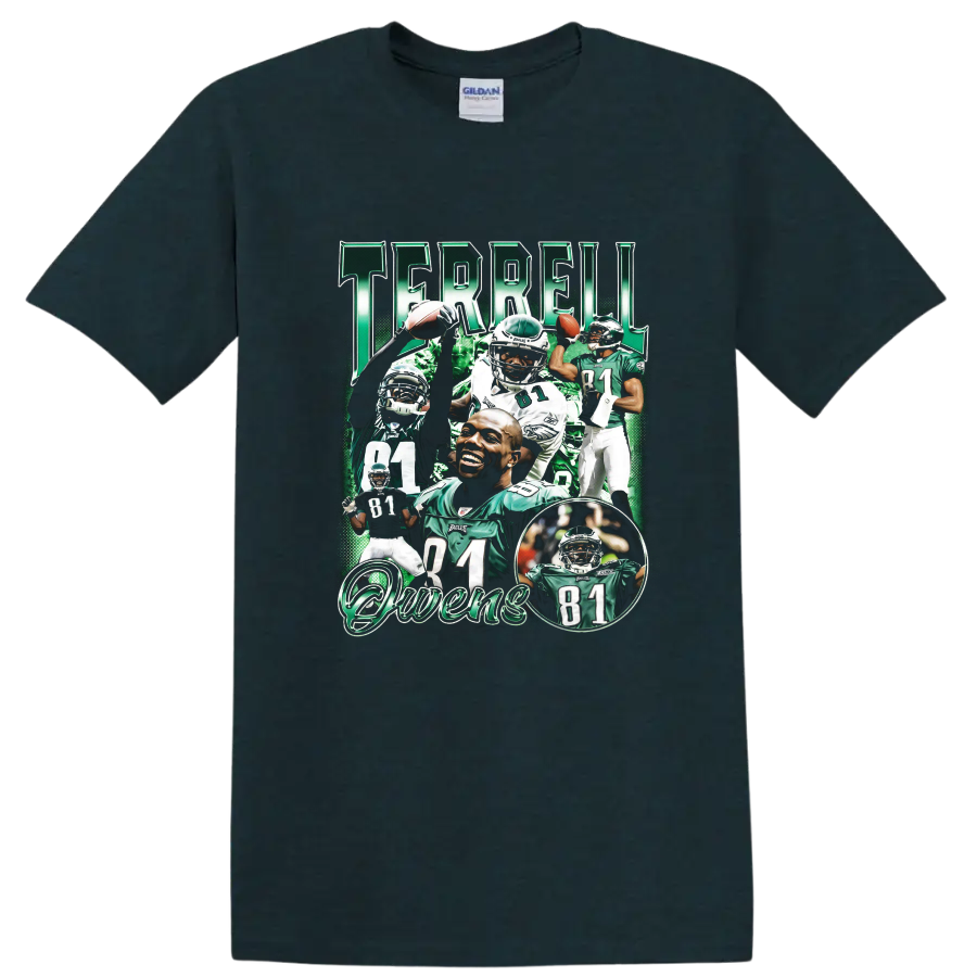 Terrell Owens Philadelphia Eagles number 81 football collage with TERRELL and Owens text on a Midnight (Green) T Shirt