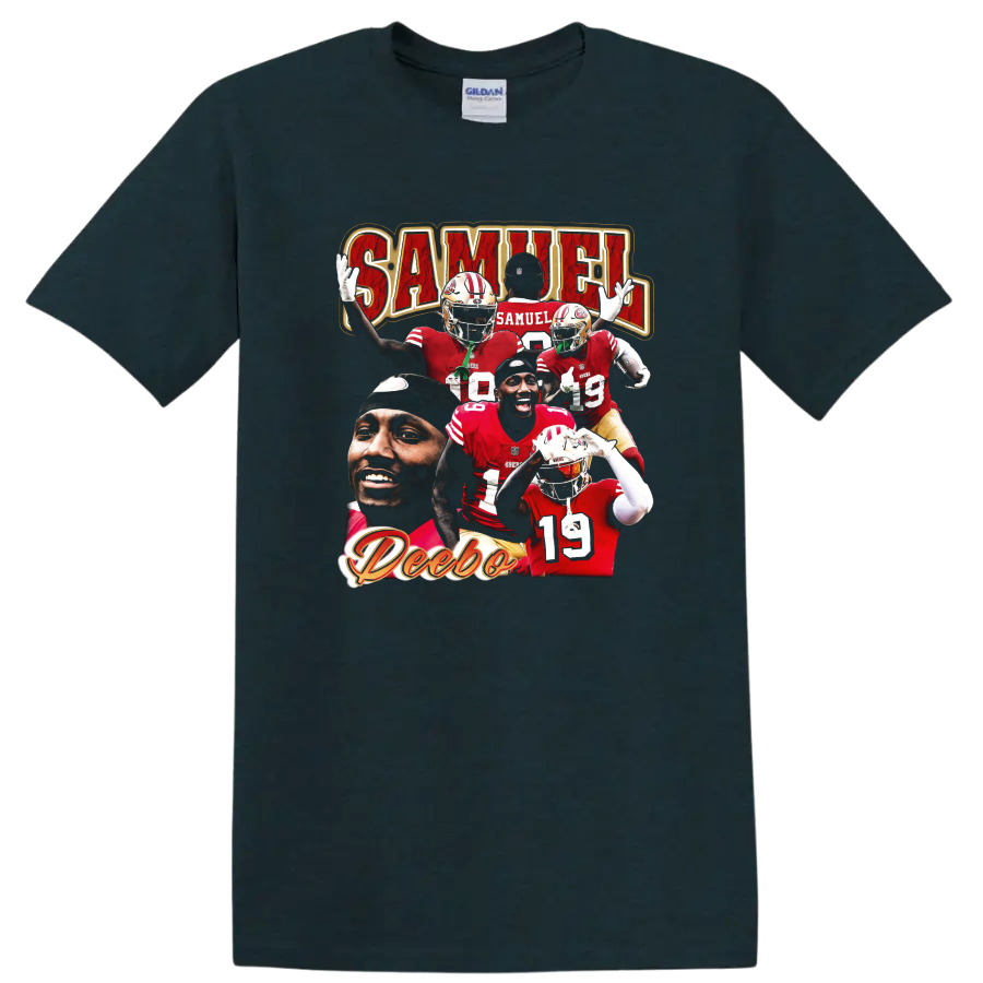 Deebo Samuel San Francisco 49ers football player collage with SAMUEL lettering on a Midnight (Green) T Shirt