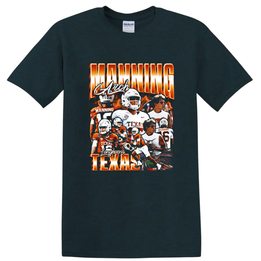 Arch Manning Texas Longhorns football collage with orange lettering and action scenes on a Midnight (Green) T Shirt