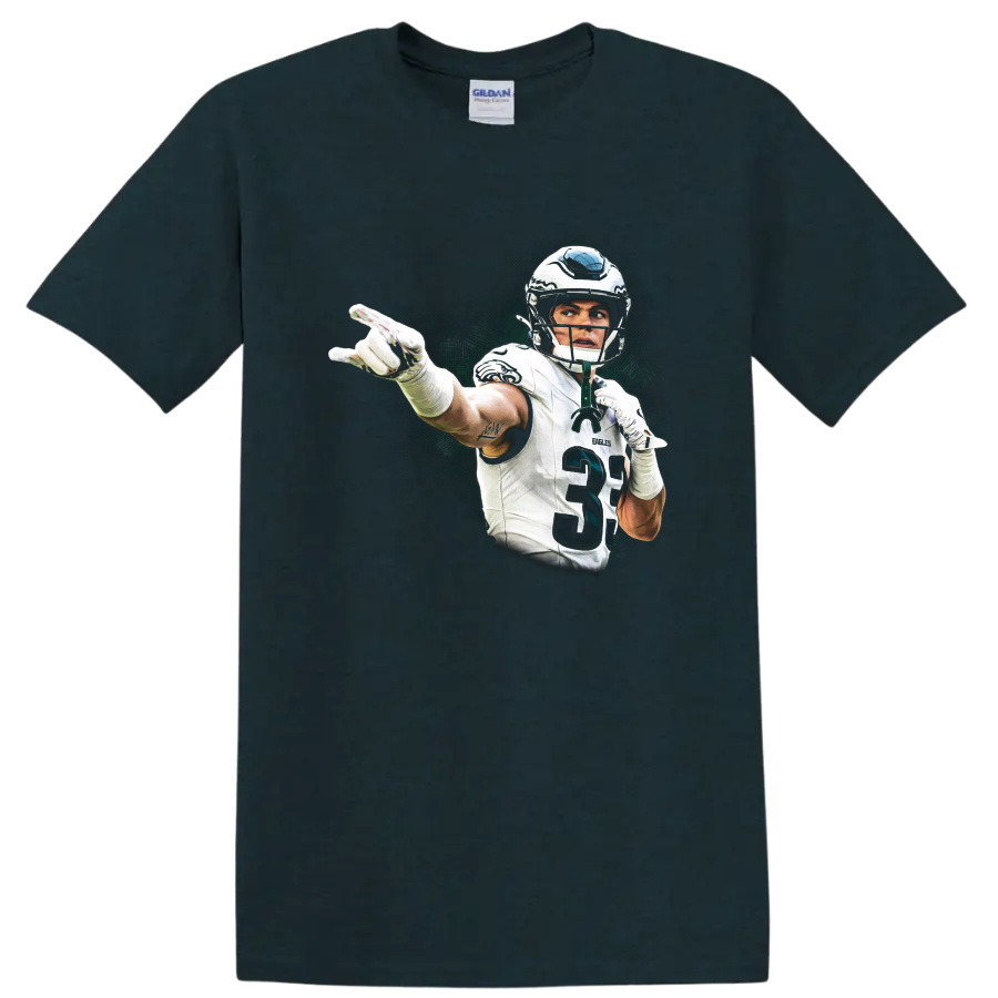 Troy Polamalu football player action illustration with a distressed dark green backdrop on a Midnight (Green) T Shirt